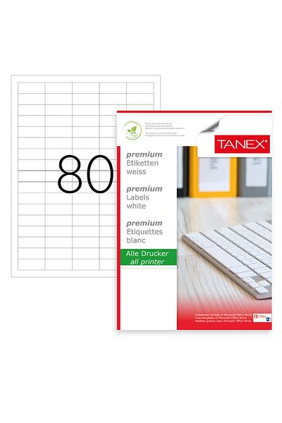 Tanex Set de 8000 etichete autoadezive A4, 100 coli, 80 etichete/coală, 37x14,25 mm, colțuri drepte,