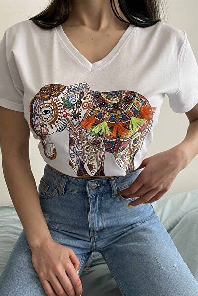 Cassime Women's White Color Elephant Embroidered 100% Cotton V-Neck T-Shirt