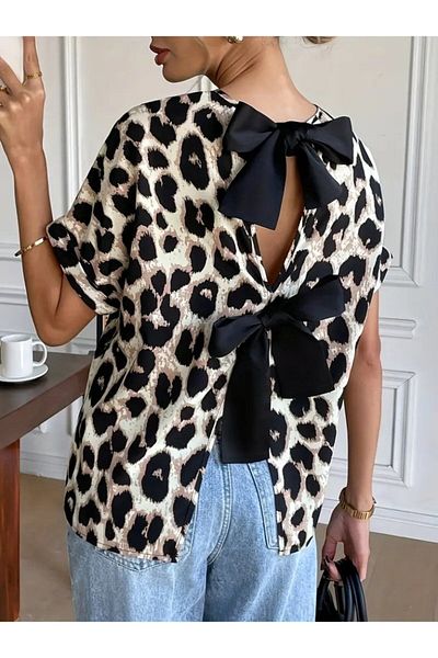 civetta Women's Short Sleeve Crew Neck Leopard Single Jersey Blouse with Bow Detail on the Back