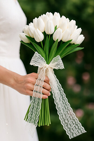 KRVTASARIM Gelin Buketi Beyaz Islak Lale 16 adet Yeni tasarım