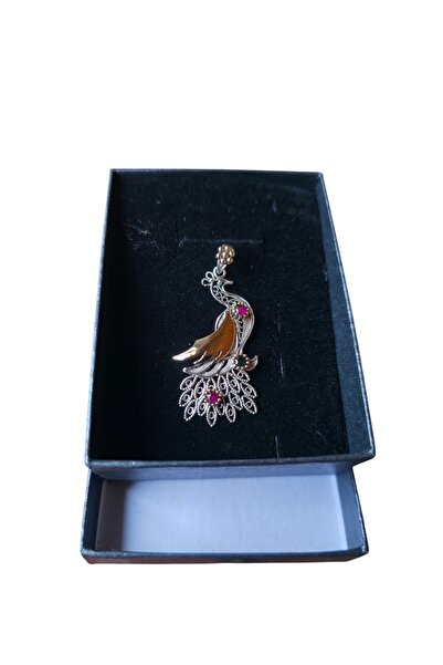 ErdoğanSilver 925 Ayar Gümüş Oksitli Telkari Tavus Kuşu Modeli Doğal Taşlı Kolye Ucu