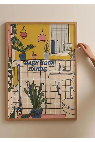 NT Handmade Φυσικό ξύλινο πλαίσιο UV Wash Your Hands Εκτύπωση Ζωγραφική τοίχου – Μοντέρνα και κομψή διακόσμηση τοίχου μπάνιου WC