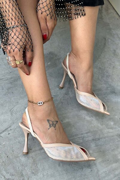 Shoebutik Giz Beige Stone Tulle Detail Heeled Women's Shoes