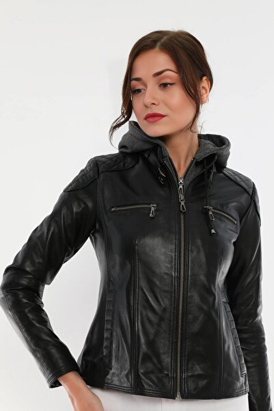 LAKECH LEATHER ÇIKARILABİLİR KAPÜŞONLU KADIN DERİ CEKET