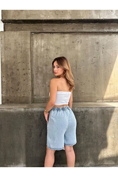 DENİKK TREND YUMUŞAK DOKULU KORDONLU BELİ LASTİKLİ YÜKSEK BEL GENİŞ PAÇA DİZ ÜSTÜ ŞORT