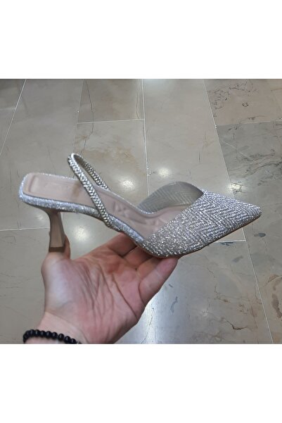 MİSS PARK MODA Kadın İnce Topuk Altın-Gümüş Simli Tül Lastik Giyimli Abiye Te...