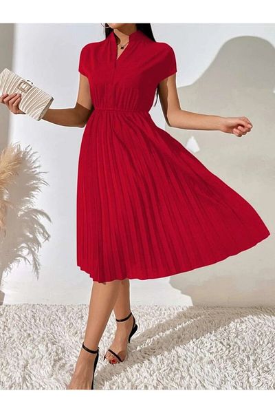 Monapera Hakim V-Neck Short Sleeve Pleated Midi Dress