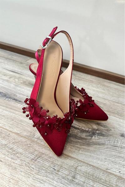 LİNEER Kadın Bordo Saten Rahat 7 Cm Kadeh Topuklu Çiçekli Taşlı Stiletto Gelin Ayakkabısı