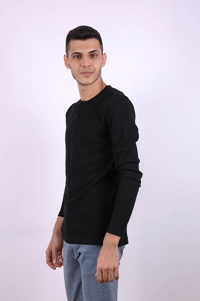 trender Men's Long Sleeve T-Shirt Black 5070 Button Collar Waffle