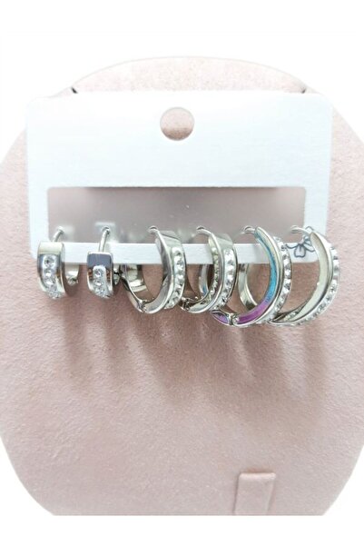 Tasarım Steel Earrings 3-Piece Zircon Stone Cornered Hoop Model Earrings 2 mm Thickness Silver Silver