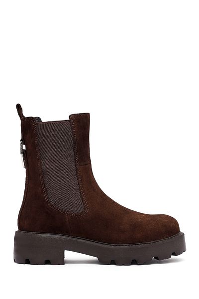 Derimod Women's Brown Thick Soled Suede Leather Chelsea Boots 25Wfd186310