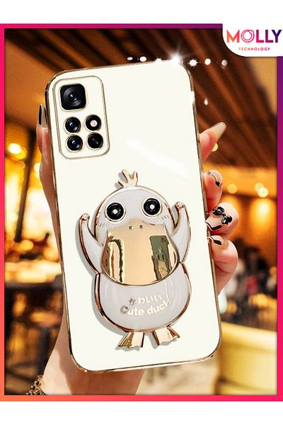 Molly حافظة سيليكون فاخرة لهاتف Xiaomi Redmi 10 2022 مع حامل بطة لطيف باللون الأبيض اللؤلؤي وتفاصيل ذهبية