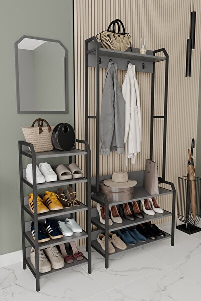 Remaks PLÜTON Portmanto Askılık Vestiyer Konfeksiyon Askısı Ayakkabılık Dolabı-ANTRASİT
