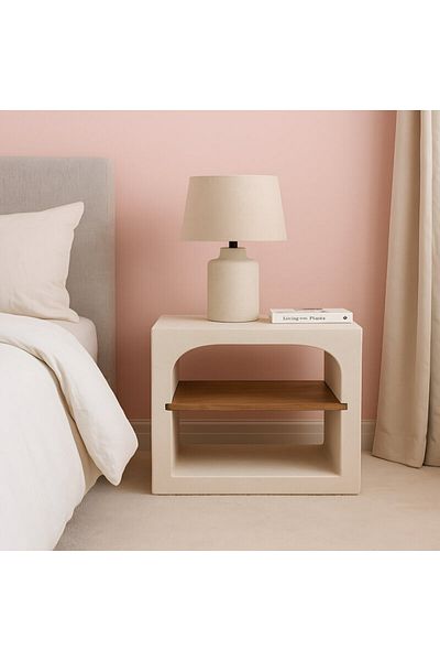 ket furniture Refn Matte White Side Table with Natural Oak Veneer Shelf, High Quality MDF, Modern and Elegant Design