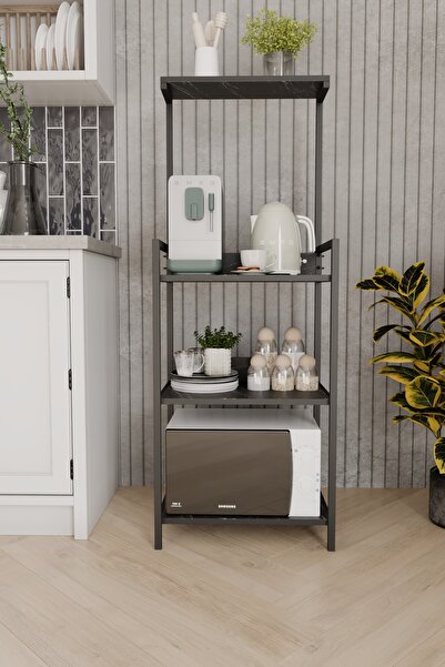 Remaks HEYBELİ Mutfak Standı Raflı Kahve Köşesi Mutfak Rafı Mutfak Bango-SİYAH MERMER DESEN