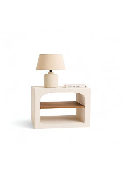 ket furniture Refn Matte White Side Table with Natural Oak Veneer Shelf, High Quality MDF, Modern and Elegant Design
