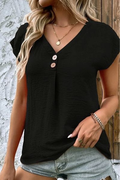 Moda Ebrar Women's short sleeve v neck button linen blouse