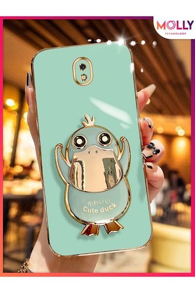 Molly Water Green Cute Duck Stand Luxury Silicone Case with Gold Detail on the Edges for Samsung Galaxy J7 Pro