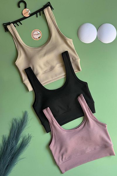 Elosia Zaphir |   3-Piece Black, Plum, Cream Padded Camisole Fabric Sports Bra Half Undershirt