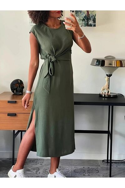 MODAVERA Women's short sleeve round neck waist lace-up front Slit aerobin dress