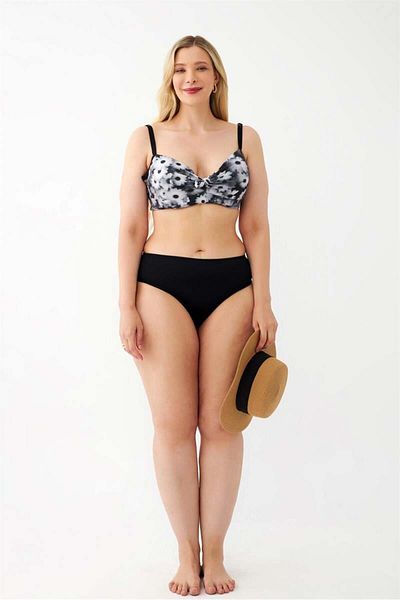modaserdem Akbeniz Women's Daisy Patterned Gray Plus Size Bikini Set