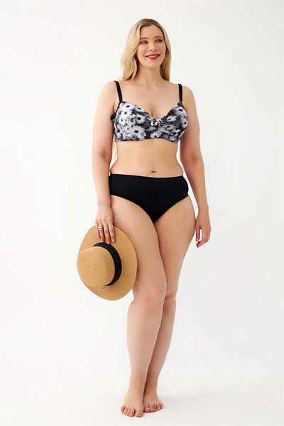 modaserdem Akbeniz Women's Daisy Patterned Gray Plus Size Bikini Set