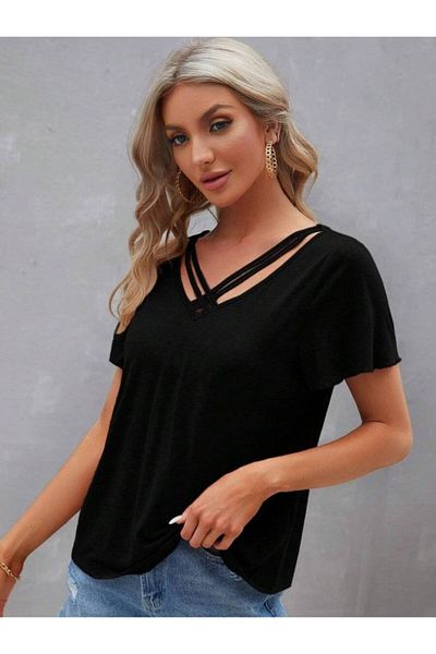 modaserdem Women's Short Sleeve V Stripe Collar Viscose Blouse