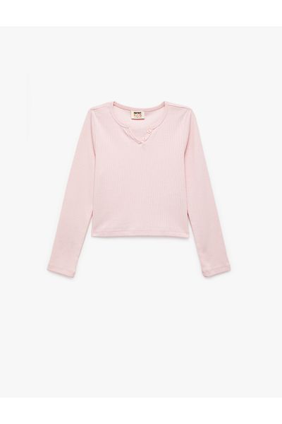 Koton Button Detailed Long Sleeve V Neck Basic T-Shirt