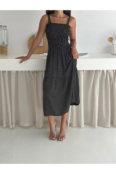 MaxiMor Gipeli White Polka Dot Strap Floor Long Dress Woven Viscose Fabric