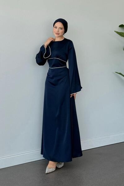 Hazamoda Rochie de seara din satin cu detalii argintii Albastru inchis