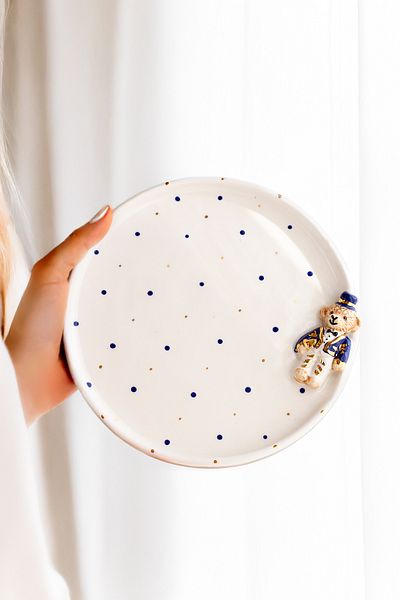 SİNEM YAMAN HOME Dark Blue Bear 20 cm Ceramic Plate / Hand Made Ceramic Plate