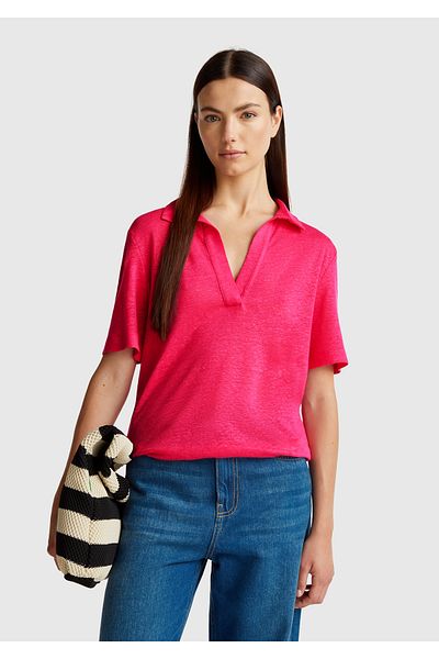 United Colors of Benetton Women's Fuchsia 100% Linen Polo Neck T-Shirt