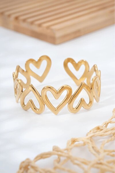 Butik Gold Kalp Figürlü Geniş Form Kelepçe Bileklik