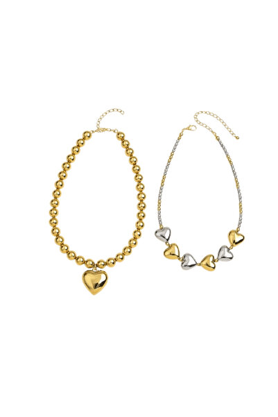 Belora Set of 2 Exaggerated Cyber Heart Necklaces with Metallic Beads