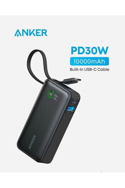 Anker Nano Power Bank 30W,Built-In USB-C Cable - Black