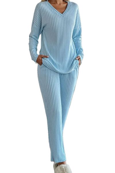 SOLOBUY Women's pyjama set, Soft and Comfy, Color Blue, Long Sleeve, Pants