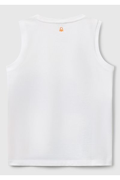 United Colors of Benetton Boy's White Mix Sleeveless Undershirt with Printed Front and Logo Detail on the Back Collar