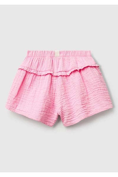 United Colors of Benetton Baby Pink Logo Label Elastic Waist Pleated Ruffle Muslin Shorts