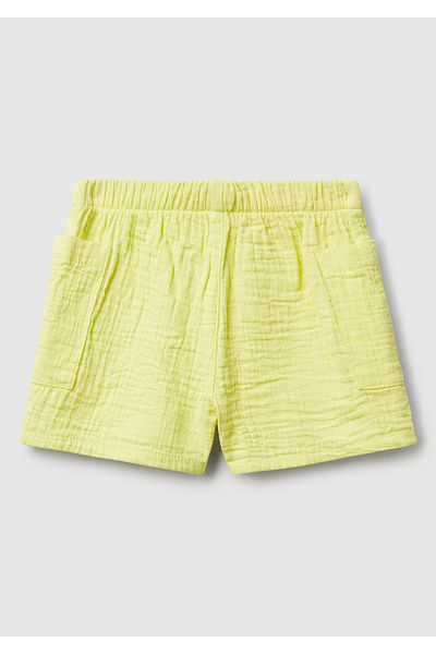 United Colors of Benetton Baby Yellow Elastic Waist Patch Pocket Logo Label Muslin Shorts