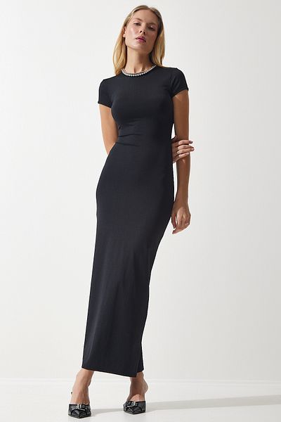 Lovelyİstanbul Crew Neck Saran Sandy Knitted Dress Lub0146 Black
