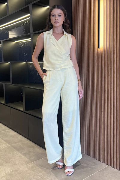 GÜLSELİ Vestă din in galbenă cu guler dublu Pantaloni Set din două piese