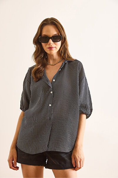 Olalook Women's Black Balloon Sleeve Striped Draped Shirt Gml-19001381