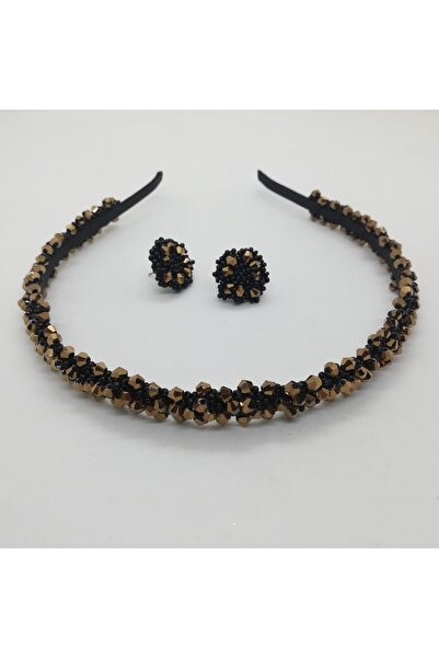 Crisandahandmade Set cordeluta si cercei cu cristale de sticla si margele Preciosa Cehia, Negru Argintiu