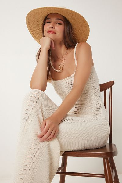 Lovelyİstanbul Lightweight Transparent Summer Knitwear Dress with Strap Ler0011 Cream