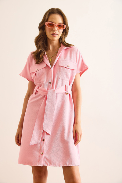 Olalook Women's Pink Marta Belted Pocket Mini Woven Shirt Dress Elb-19002503