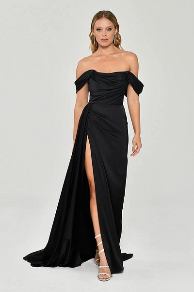 ALFABETA Women's Off Shoulder Side Slit Satin Long Black Evening & Homecoming Dress Ab5649-Black