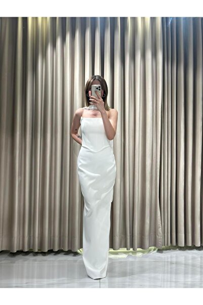 Kaleiçi Yıldızlar Beyaz Straplez Yeni Sezon Abiye 5274