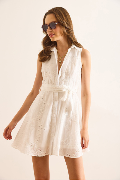 Olalook Women's White Lined Belted Mini Fisto Shirt Dress Elb-19002500