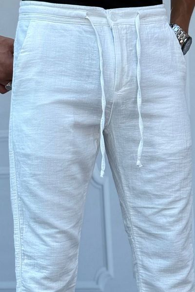 Tarz Cool Men's White Musli Lace-Up Linen Trousers
