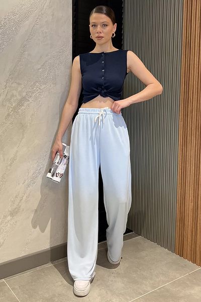 GÜLSELİ Light Blue Women's High Waist Modal Fabric Palazzo Pants